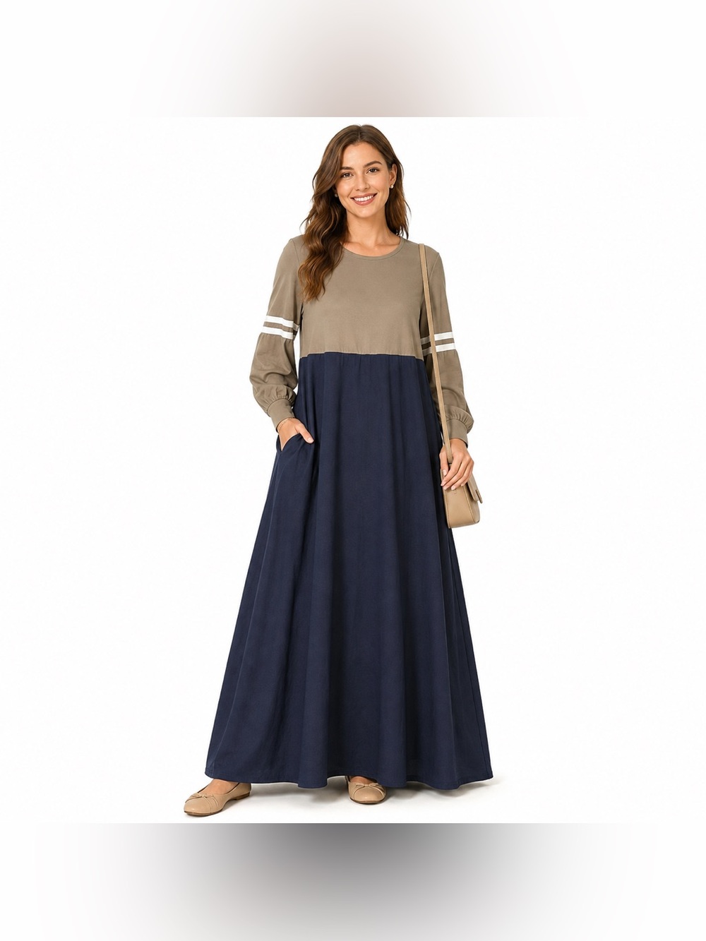 East Essence XS 56 Maxi Dress Gray Navy Colorblock Long Sleeve NWT